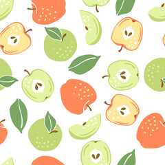 Seamless pattern with ripe apples. Decorative fruits and leaves.