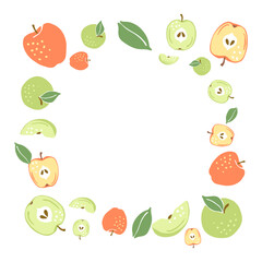 Frame with ripe apples. Decorative fruits and leaves.