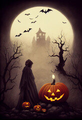 Halloween holiday. Haunted castle, ghost, bats and carved pumpkins on a spooky night.