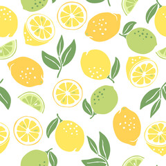 Seamless pattern with ripe lemons and limes. Decorative fruits and leaves.