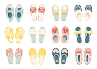 Home slippers flat icons set. Comfortable fluffy home shoes. Warm light shoes. Comfortable for walk in house. Fluffy and soft. Pink, yellow, blue colors. Isolated illustrations