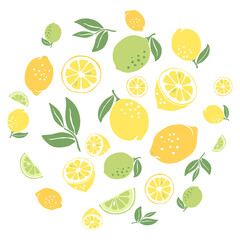 Background with ripe lemons and limes. Decorative fruits and leaves.