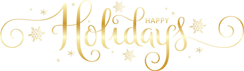 HAPPY HOLIDAYS metallic gold brush lettering banner with snowflakes on transparent background