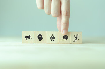 Customer journey concept. Customer behavior analysis, marketing strategy. Social media marketing, content marketing, purchase, storytelling, seo, awareness, advertise, online marketing. Sales funnel.