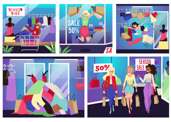 Banners with shopaholics or customers in the store, flat vector illustration.