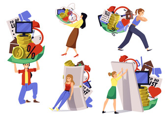 Men and women carry heavy burdens of life, flat vector illustration isolated.