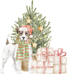 Jack russel dog with Christmas tree