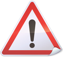 White, red and black triangular metal sticker warning of a generic hazard