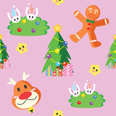 Christmas seamless pattern, colorful seamless, gift, cookies, reindeer, mini stars 