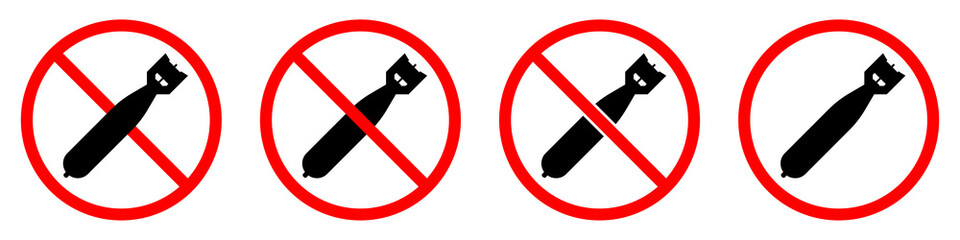 No bomb sign. Air bomb is forbidden. Prohibited sign of air bomb. Set of red prohibition signs. Vector illustration