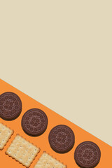 Cookie on multi-colored background. Festive, children's background. Flat lay. Sweet cookies flat lay pattern. Top view.