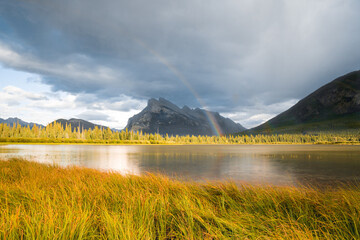 Rainbow at Vermillion Lakes and Mount Rundle, Banff, Canada