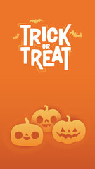 Halloween banner with copy space. Trick or treat lettering sign with bats and carved pumpkins. Cute and funny spooky style.