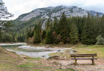 Bench to relax in front of the Green Lake in St. Katharein Tragöß, Styria, Austria