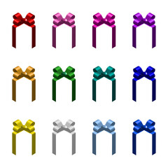 Set of colorful decorative realistic 3D gift bows with ribbon isolated on white.
