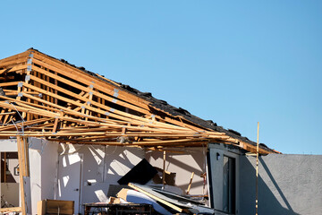 Badly damaged mobile home after hurricane Ian in Florida residential area. Consequences of natural...