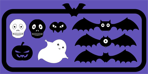 Colección caja de Halloween con fondo morado. Ilustración siluetas en blanco y negro con calaveras, calabazas, fantasmas, vampiros y murciélagos.