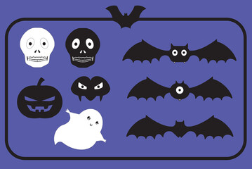Vector. Colecci&oacute;n caja de Halloween con fondo morado. Ilustraci&oacute;n siluetas en blanco y negro con calaveras, calabazas, fantasmas, vampiros y murci&eacute;lagos.
