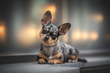 Cute merle mixed breed dog posing in urban landscape
