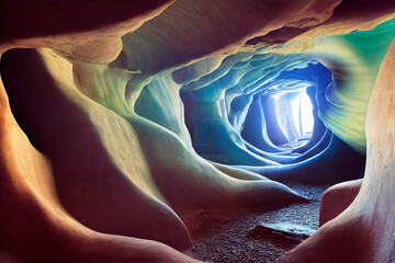 Beautiful view of cosmic cave with lights from the outside. 3D rendering