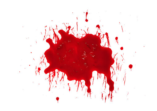 A blood stain splattered on the wall, dense red liquid, isolated on a white surface. Dripping parts creating lines and areason the blank surface.
