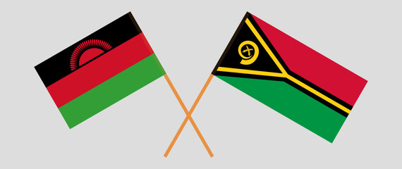 Crossed flags of Malawi and Vanuatu. Official colors. Correct proportion
