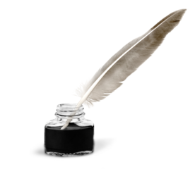 Feather quill pen and glass inkwell isolated on a white background