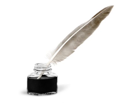 Feather quill pen and glass inkwell isolated on a white background