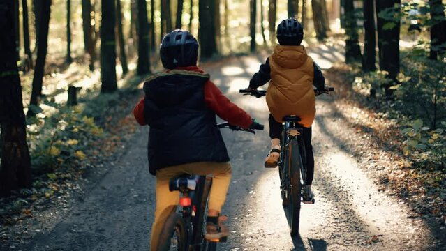 Two kids riding on mountains bike in the forest. Boys in helmets cycling on the autumn nature trail. Active smiling children on bikes.