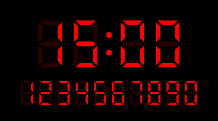Time 15 00 hours. Vector set of electronic digits numbers font from a clock and a countdown timer. Red watch and calculator display symbols