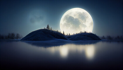 Beautiful fantasy landscape with mountain, lake, and huge moon background. 3D illustration