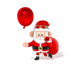 Santa Claus 3D cartoon character carrying giant red bag and holding red balloon on white background 3d rendering. 3d illustration celebration christmas and cute new year festive design concept.