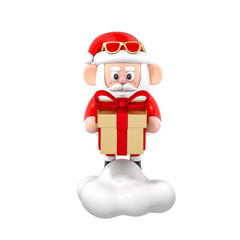 Santa Claus 3D cartoon character holding a luxury gift box standing on the clouds on white background 3d rendering. 3d illustration celebration christmas and cute new year festive design concept.