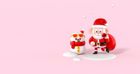 Santa Claus carrying giant red bag with snowman cartoon character standing on the snow on pastel pink background 3d rendering. 3d illustration celebration christmas and cute new year festive design.