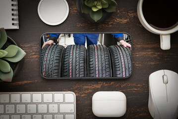 seasonal tire replacement, purchase of tires via a mobile phone smartphone delivery of an online...