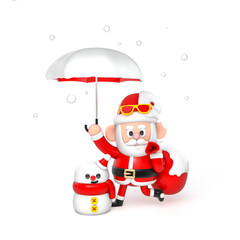 Santa Claus carrying giant red bag and holding a red umbrella with snowman standing in the snow 3d rendering. 3d illustration celebration christmas and cute new year festive design concept.