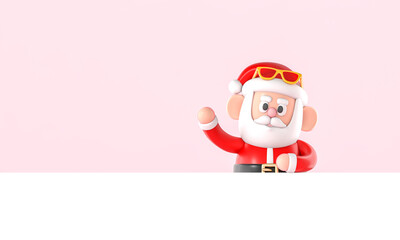 Cute Santa Claus 3D cartoon character standing behind a white background on pastel pink background 3d rendering. 3d illustration celebration christmas and cute new year festive design concept.