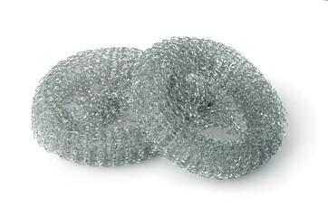 Two stainless steel wire mesh kitchen scrubbers