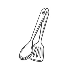 Spatula and spoon for cooking outline icon vector illustration. Line chefs tools to cook in restaurant or home kitchen, pair of cutlery equipment for meals preparation, frying or stewing food