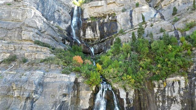 Aerial view of Bridal Veil Falls upper section from aerial view in Provo Canyon Utah.