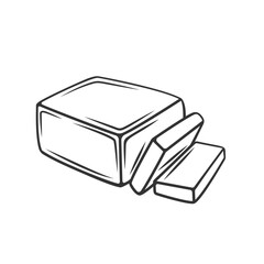 Butter outline icon vector illustration. Black line butter or margarine bar cut with kitchen knife into pieces for cooking or for eating with breakfast toast, food ingredient and farm dairy product