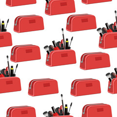 Seamless pattern cosmetic bag with cosmetics on a white background.Vector pattern for tourist designs,cosmetics packaging,textiles,postcards.