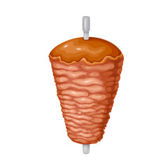 Doner kebab vector illustration. Cartoon isolated grilled meat roll on pole or restaurant skewer for cooking delicious takeaway Turkish shawarma, traditional grill menu and fast food in Turkey
