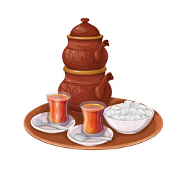 Turkish tea set vector illustration. Cartoon isolated vintage traditional teapot, glass cups with hot drink on plates and spoons, bowl with sugar cubes on table for oriental tea party in Turkey