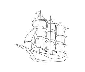 Continuous line art drawing of sail boat. Wooden sailboat single line art drawing vector illustration.