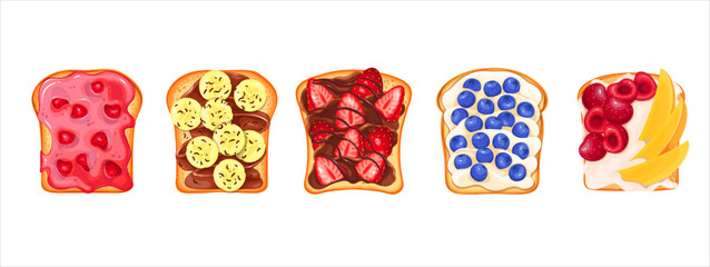 Sweet toasts with different toppings set vector illustration. Cartoon isolated slices of toasted bread with chocolate sauce, sugar jam or fresh fruit and berry, top view of sandwiches for kids - obrazy, fototapety, plakaty
