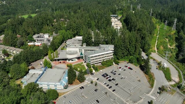 Aerial View Of Capilano University Bookstore And EVO Carshare Parking Capilano University In Purcell Way, North Vancouver, Canada.