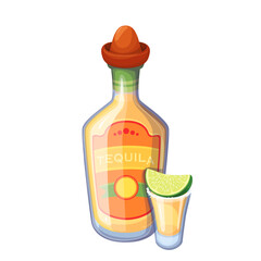 Tequila shot glass with lime and salt, bottle with sombrero cap vector illustration. Cartoon refreshing Mexican alcohol liquor drink from tropical agave, isolated beverage for summer tequila party