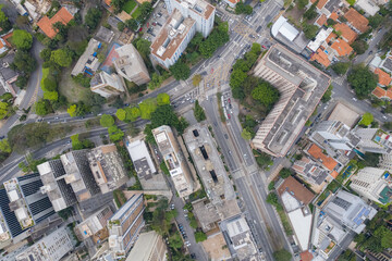 Rainy day in the Jardins neighborhood located in the city of São Paulo, capital. Dark clouds, buildings, cars, trees and pedestrians circling.