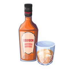 Bourbon whisky alcohol drink in crystal glass with ice cubes and bottle vector illustration. Cartoon old strong whiskey, isolated liquor beverage for drinking on party in bar, pub and restaurant - obrazy, fototapety, plakaty
